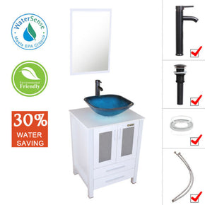 24" White Bathroom Vanity Cabinet & Glass Ceramic Vessel Sink W/ Faucet Drain / Item Vanity + Sink G04