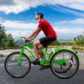 24/26/27.5inch Adult Mountain Tricycle 7Speed 3Wheel Cruiser Trike Bike w/Basket / bike size 24" / color apple green