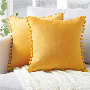 2 PCS Velvet Throw Pillow Cover Pom Sofa Solid Square Cushion Cover 16"18"20"24" / Color Yellow / Size 18 x 18 in