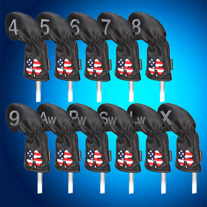Craftsman Iron Golf Club Covers Headcovers Black Set 11pcs Flag Clover Leather