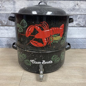 Vtg Speckled Enamel Double Steam Pot Clam Broth Lobster w/ Spigot & Lid O6