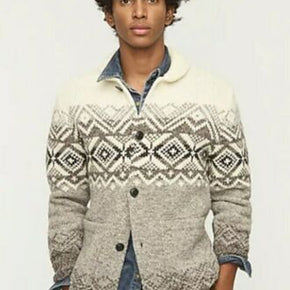 NWT J Crew Men's Fair Isle Chore Jacket Cardigan in Wool Sz M Ivory Barley