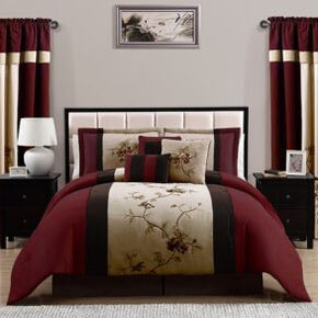 Chezmoi Collection Vienna 7-Piece Floral Embroidery Comforter Set / Color Burgundy/Taupe/Brown / Size Full