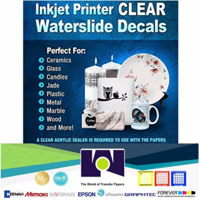 Waterslide Decal Transfer Paper for Art and Crafts Clear InkJet 20 Sheets 8.5x11