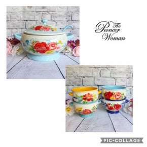 Pioneer Woman Sweet Rose Soup Tureen & Floral Medley 20 Ounce Soup Bowls, 4 Pack