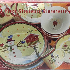 New Vtg Thompson/Carolina Pottery 16 Piece Serves 4 Snowman/Birdhouse Dishes