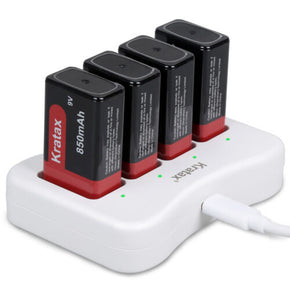 9V 850mAh Li-ion Rechargeable Batteries or 4 Slot USB 9-Volt Battery Charger Lot / QTY 4 X 9V Batteries + 1X Charger