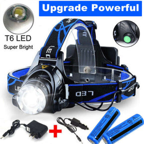 990000LM T6 LED Zoomable Headlamp 3-Modes Outdoor HeadLight Torch+Charger+Batt