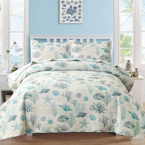 Blue Green Beach Seashell Ocean Coastal Coral 3pc Quilt Set Twin Full Queen King / Size Twin