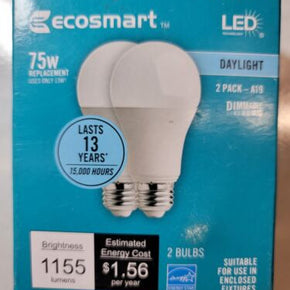 EcoSmart 75W Equiv A19 Dimmable LED Light Bulb Daylight 2-Pack