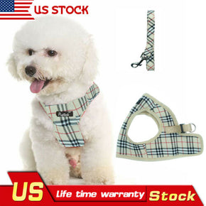 Classic Plaid Pet Dog Harness With Leash Cream Comfort Dog Pet Control Harness
