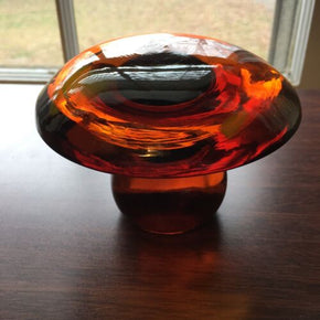 VINTAGE BLENKO ART GLASS ORANGE YELLOW MOTTLED MUSHROOM PAPERWEIGHT 4”