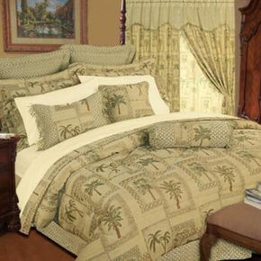 9 Piece Beige Tapestry Jacquard Tropical Palm Tree Comforter/Bedding+Sham Set / Size Queen