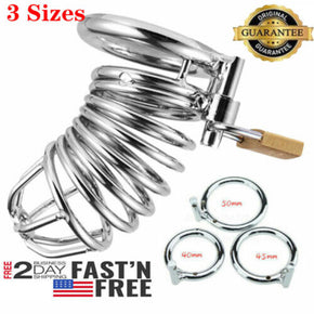 US SHIP! Stainless Steel Birdcage Male Chastity Cage Lock Device & 3 Ring 3Sizes