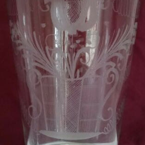 Large Antique Hand Blown Crystal Flip Glass Engraved, Stiegel? Amelung? 8" Tall!