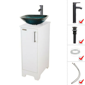14 Inch White Bathroom Vanity Cabinet Set Vessel Glass Ceramic Sink Faucet Combo / Product Vanity + Glass Sink E