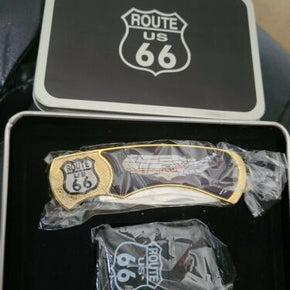US Route 66 Folding Pocket Knife And “Flint” Lighter In Tin Vintage Collectible