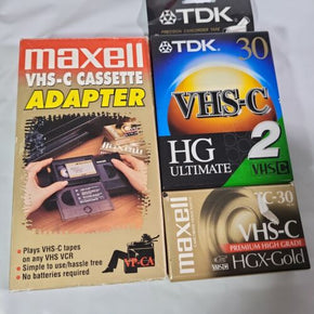 Maxell VHS-C Cassette Adapter + 3 new tapes T2