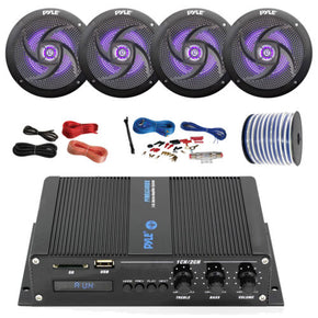 Pyle Marine 4-Channel Bluetooth Amp + Kit,4x 5.25" Black LED Speakers,50 Ft Wire