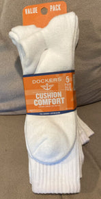 Dockers Crew Socks 5-Pack White Sport * FULL Cushion Comfort * Size 6-12 * NEW