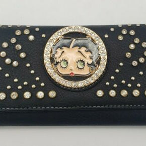 Betty Boop Black Faux Leather Wallet Rhinestone Silver Stud Tri-fold Snap A01