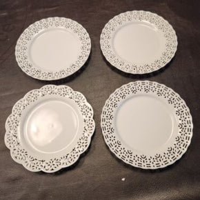 Pier 1 NWT 4 White Lace Doily Salad Dessert Plates Pierced Edges Porcelain