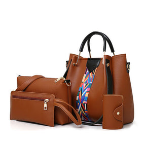 4PCS Set Women Leather Handbag Shoulder Tote Bag Lady Clutch Purse Card Wallets / Color Brown