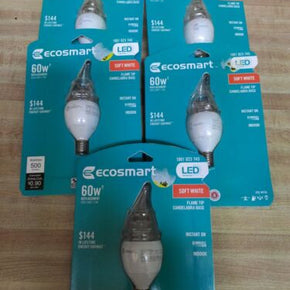 5 Ecosmart 60W Soft White LED Light Bulb Candelabra Base Dimmable LED Flame Tip