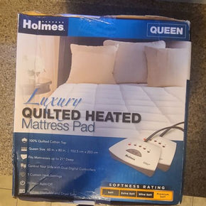 Holmes Luxury Quilted Heated Mattress Pad QUEEN SIZE White 60X80in Premium Soft