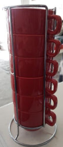 World Market Stacking 8 oz Coffee Tea Cups Mugs Red & Chrome Stand ~ 6