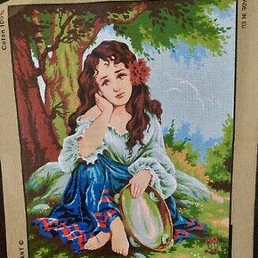 DIAMANT Vintage Lg Started Needlepoint Tapestry Canvas  Gypsy Girl Plus thread