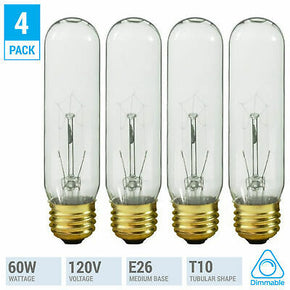 (4 Pack) Tubular Incandescent Bulbs 60T10/CL 120V 60W Watt T10 Medium E26 Clear