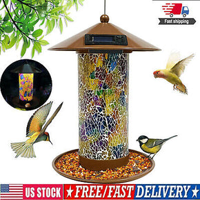 Wild Bird Seed Feeder Hanging LED Mosaic Stained Mirrored Glass Solar Power Yard