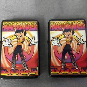 SET OF 2 BETTY BOOP FLIP TOP OIL LIGHTER BLACK WOODSTOCK REFILLABLE  CLOSEOUT