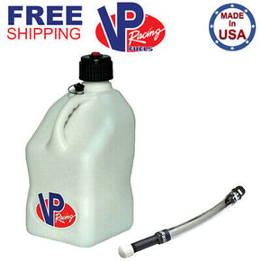 VP Racing White 5 Gallon Square Fuel Jug Gas Can + Deluxe Fill Hose
