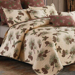 FOREST PINES 3pc Full Queen QUILT SET : LODGE PINECONE CABIN BROWN TREES FOREST