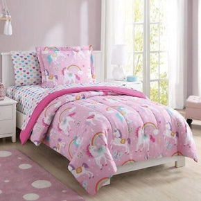 Full Kids Bedding Set Sheets Girls Comforter Rainbow Unicorn 7 Piece, Pink