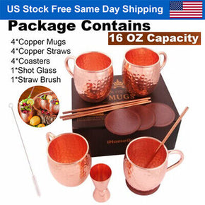 16OZ Moscow Mule Copper Mugs - Pure 100% Solid Hammered Unlined Copper Cups Set