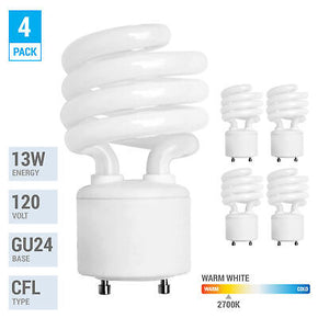 4 Pack Spiral CFL Fluorescent 13 Watt =60W Twist and Lock GU24 2700K Warm White