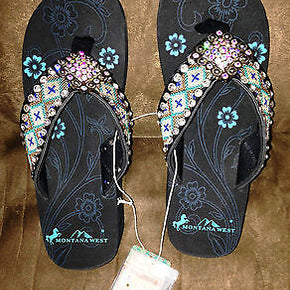 Montana West Cowgirl Western Aztec Rhinestone Embellished Bling Wedge Flip-Flops