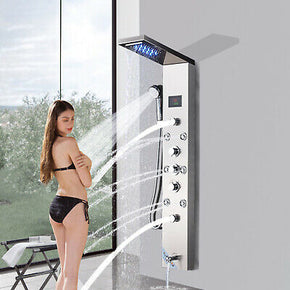 Brushed Nickel Shower Panel Tower LED Rain& Waterfall Massage System Body Jet