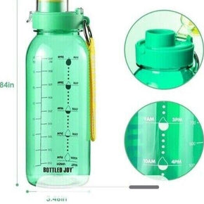 Bottled Joy 32oz water bottle with flip lid and time marker. Green