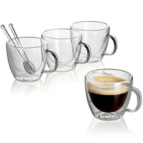 4 "Cafecito" Handmade Double Wall Espresso Mugs with 2 Glass Spoons (5.4 oz)