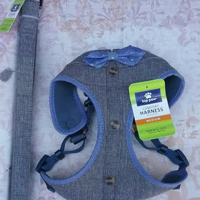 ADORABLE SET OF TOP PAW DOG BOWTIE CHAMBRAY HARNESS VEST & LEASH, SIZE MEDIUM