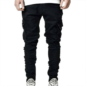 Mens Plain Pockets Denim Cargo Pants Jeans Casual Slim Fit Trousers Bottoms / Color Black / Size S