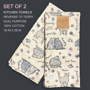 2-PACK WELL-DRESSED KITCHEN Towels Cotton Terry Cats Bird Fish Mouse Meow Kitty