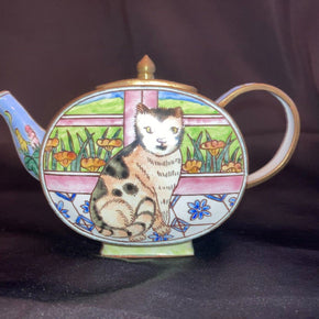 Vintage Kelvin Chen-Style Seated Cat Enameled Brass Miniature Lidded Teapot