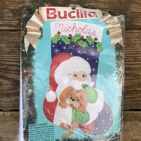 New Bucilla Vintage 1991 Santa's Puppy Felt Christmas Stocking Kit # 82901