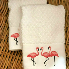 Sage Island Spa Embroidered FLAMINGOS HAND Towels Set of 2 For The Bath