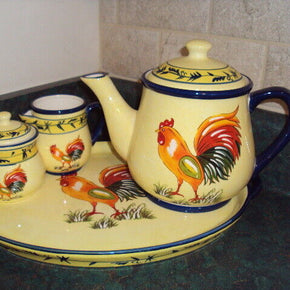 temp-tations 4 Pc Rooster Teapot-Tray-Cream & Sugar presentable ovenware byTara